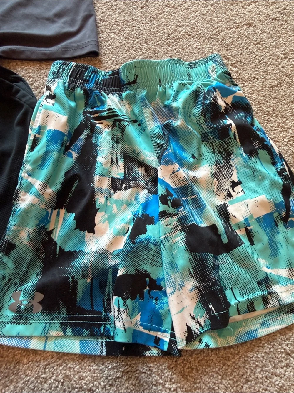Under Armour Kids Gray Tee with Black & Teal Patterned Swim Trunks